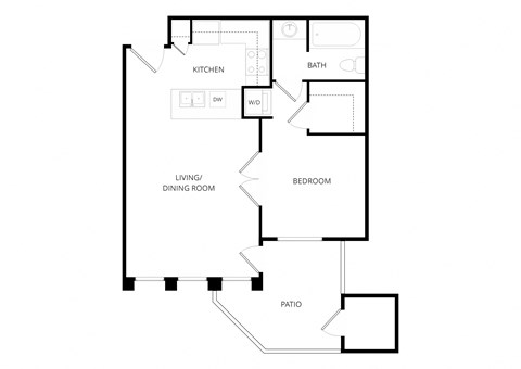 Floor plan for 1 bed, 1 bath, 491 sqft